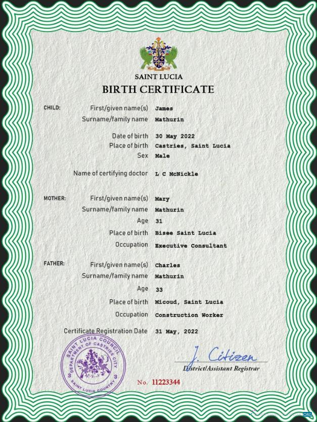 Download Saint Lucia vital record birth certificate PSD template Photoshop template